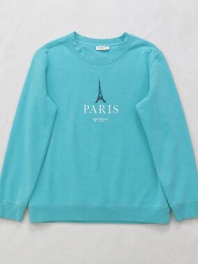 Spartina 449 Paris Sweatshirt Small Teal Blue Eiffel Tower Graphic Crewneck